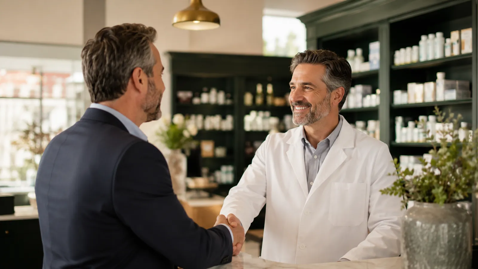 Pharmacist and buyer shaking hands across a consultation counter in a modern Canadian pharmacy